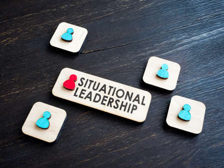 Situational leadership phrase and wooden figures.の写真素材