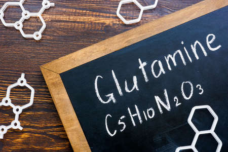 Glutamine amino acid formula on the blackboard.の写真素材