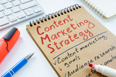 Handwritten Content marketing strategy and keyboard.の写真素材