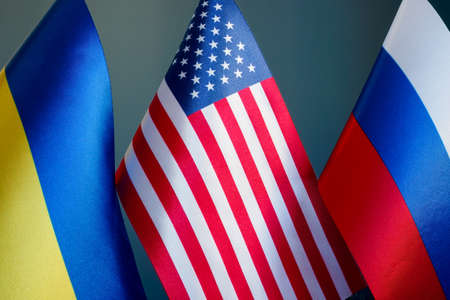 Flags of Ukraine, United States of America and Russia.の写真素材