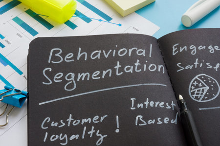 Behavioral segmentation sign with marks on the dark notepad.