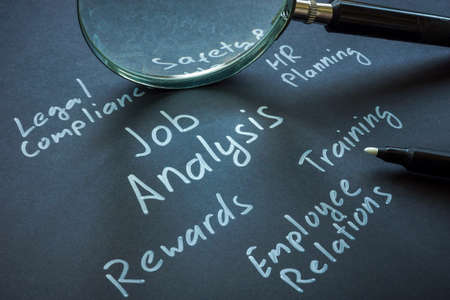 Handwritten words Job analysis and other on the dark piece of paper.の写真素材