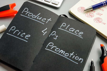 Open notepad with inscription 4Ps of Marketing Product, Price Place and Promotion.の写真素材
