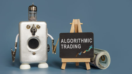 The robot points to a sign with the inscription algorithmic trading.