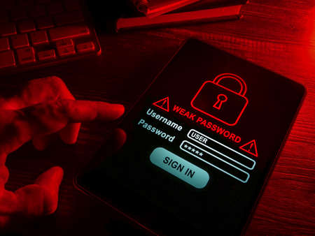Weak password words on the screen in the dark.の写真素材