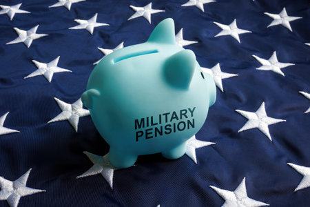 Military pension concept. Piggy bank with sign on a flag.