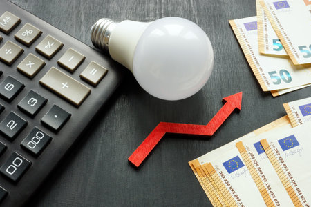 Light bulb, calculator and euro to pay for electricity. Rising cost of utilities.の写真素材
