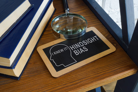 Hindsight bias inscription on the plate and magnifying glass.