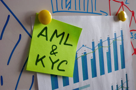 AML and KYC sticker on the whiteboard with financial data.