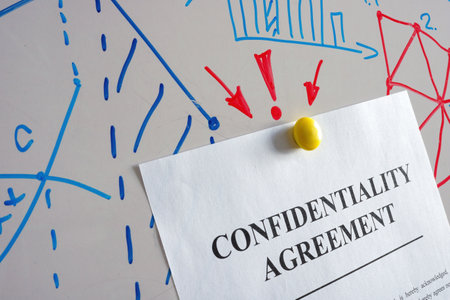 Confidentiality agreement is attached to the office whiteboard.の写真素材