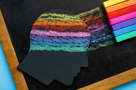 Neurodiversity concept. The figurine of the head is painted with colored crayons.の写真素材