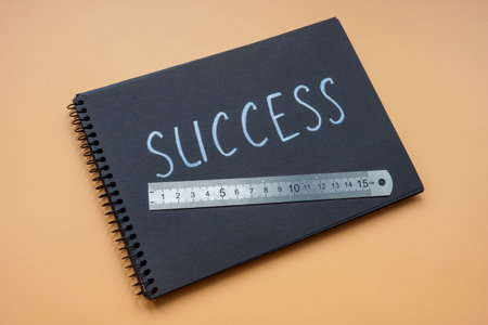 Notepad with the inscription success and a ruler for measuring it.の写真素材