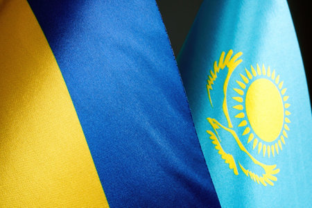 Near the flags of Ukraine and Kazakhstan.の写真素材
