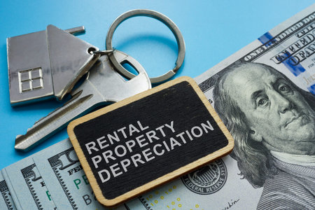 Key, cash and plate with sign Rental property depreciation.