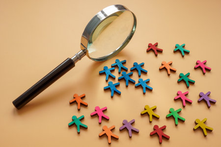 Magnifying glass and small colorful figurines. Segmentation analysis concept.の写真素材