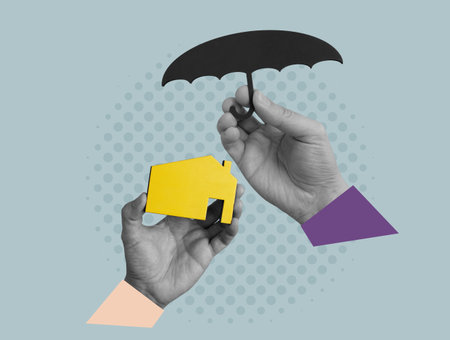 Collage with hands that hold home and umbrella. House insurance concept.の写真素材