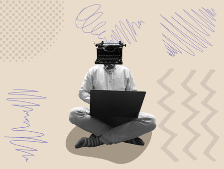 Abstract collage with unrecognize man and typewriter. Creative storytelling and blogging concept.の写真素材