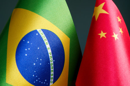 Close-up of the flags of Brazil and China.の写真素材