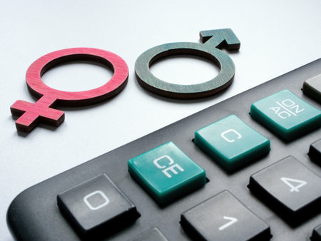 Gender pay gap concept. Male and female signs next to the calculator.の写真素材