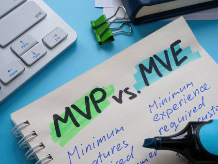 Notepad with handwritten words MVP vs MVE and list.の写真素材