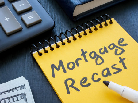 Open notepad with mortgage recast handwritten inscription.の写真素材