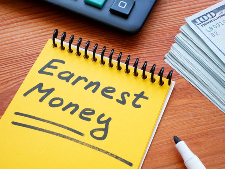 Earnest money memo in the yellow notepad.の写真素材