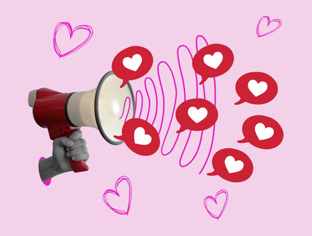 Creative collage with a hand holding a megaphone and hearts.の写真素材