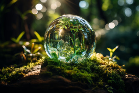 A crystal ball with plants inside lies on the grass in a summer forest. Environment concept. generative AIの素材