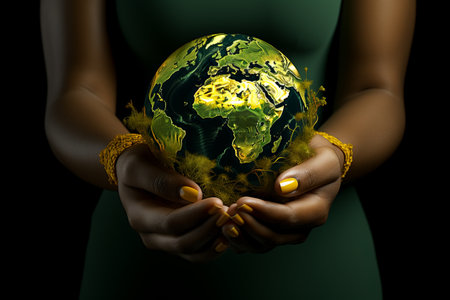Hands holding green earth globe. Ecology environmental sustainability concept. generative AIの素材