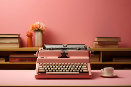Pink typewriter in old fashioned interior. Creativity and storytelling concept. generative AIの素材