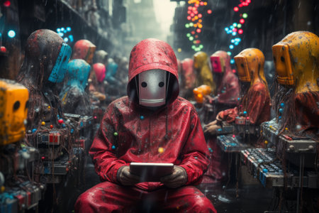 Unrecognizable person with gadget in a mask. Future of social media or cyberpunk. generative AIの素材