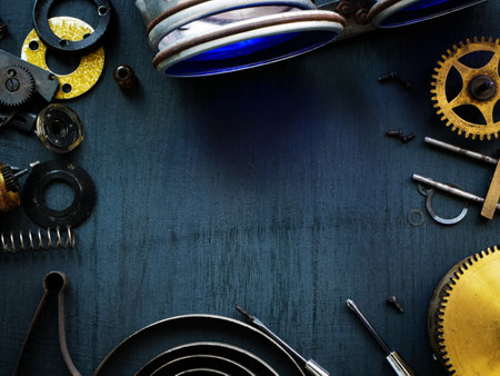 Top view of desk of a craftsman with vintage cogwheels and mechanisms. Empty space.の写真素材