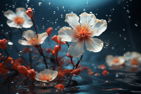 Close-up of beautiful white flowers in water with raindrops. Nature concept. generative AIの素材