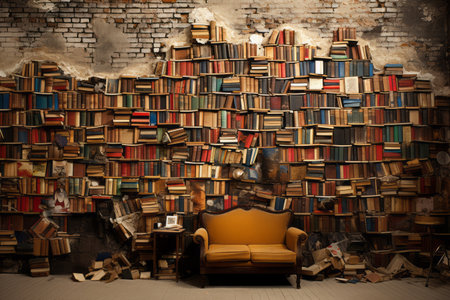 A wall of books and an old sofa. Memory and knowledge concept. generative AIの素材