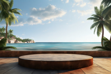A product stand with a luxurious view of the tropical sea. Rest and relaxation. generative AIの素材