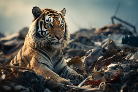 The tiger sits on a pile of rubbish. garbage dump and ecology problems. generative AIの素材