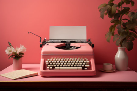 Vintage minimal interior next to a pink typewriter as a symbol of storytelling. generative AIの素材
