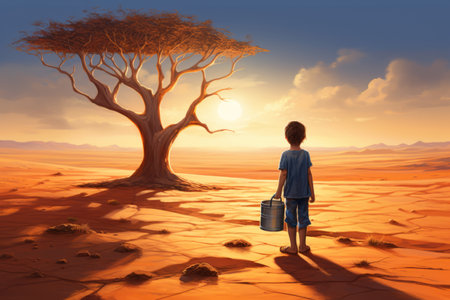 A boy with a bucket stands by a lonely tree in the desert. Drought and climate change. generative AIの素材