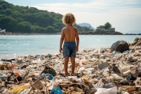 An abstract boy stands on a littered beach and looks at the sea. Pollution of the environment and the ocean. generative AIの素材