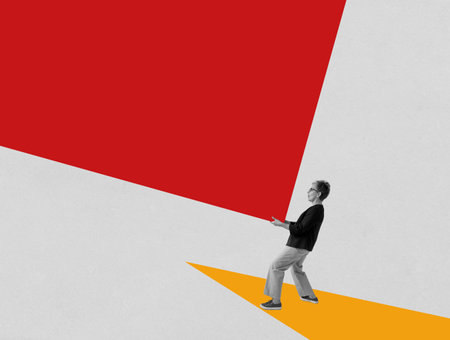 Collage with woman holding a weight. The concept of resilience and overcoming difficulties.の写真素材