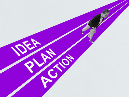 Woman walks along the lines with inscriptions idea, plan and action. Modern collage.の写真素材