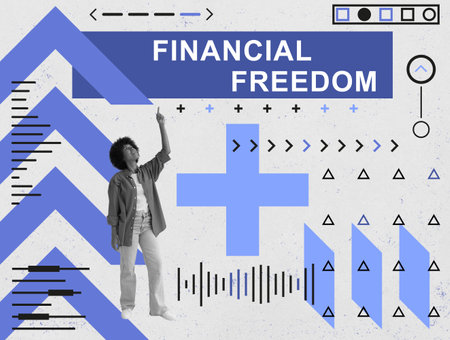 Young woman points to inscription financial freedom. Abstract collage.の写真素材
