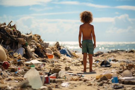 An unrecognizable child stands on a littered beach. Pollution of the oceans and coasts. generative AIの素材