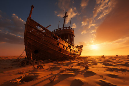 Rusty ship in the middle of the desert. Climate change and desertification. generative AIの素材