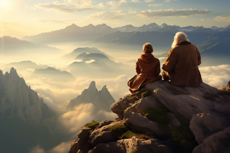 An elderly couple of travelers sit on top of a mountain and look at the landscape. generative AIの素材