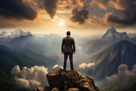 A businessman stands on top of a mountain with a city below. Success in business. generative AIの素材