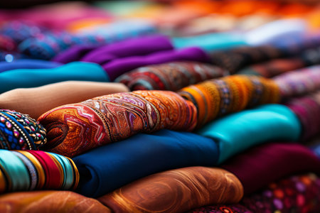 Close-up of colored oriental fabrics in the bazaar. generative AIの素材