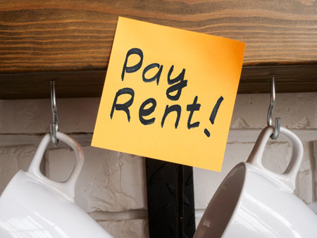 Pay rent reminder attached to the shelf.の写真素材