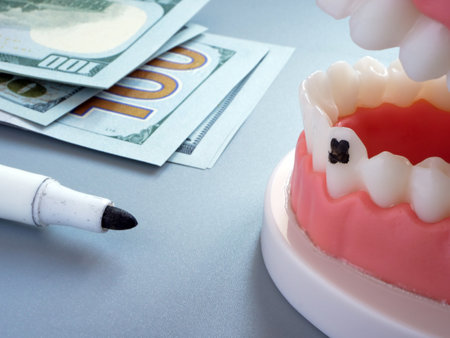 Dental insurance concept. A plastic jaw, marker and money.の写真素材