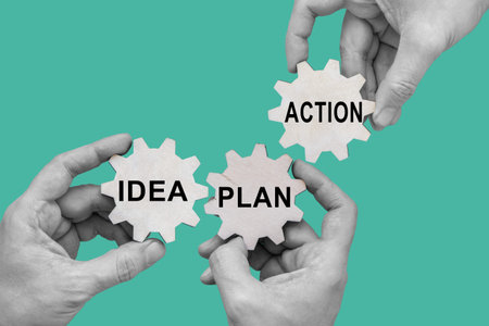 Idea, plan and action. Collage of hands holding gears.
